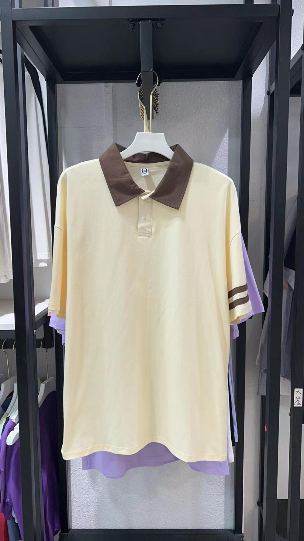 Double Bar Colorblock Drop Shoulder Collar Short Sleeve (200g Cotton) view 7