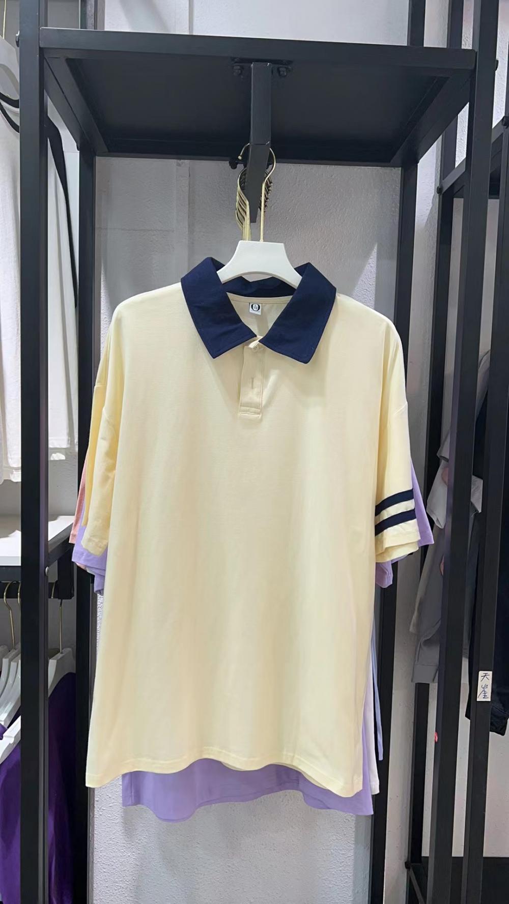Double Bar Colorblock Drop Shoulder Collar Short Sleeve (200g Cotton) view 5