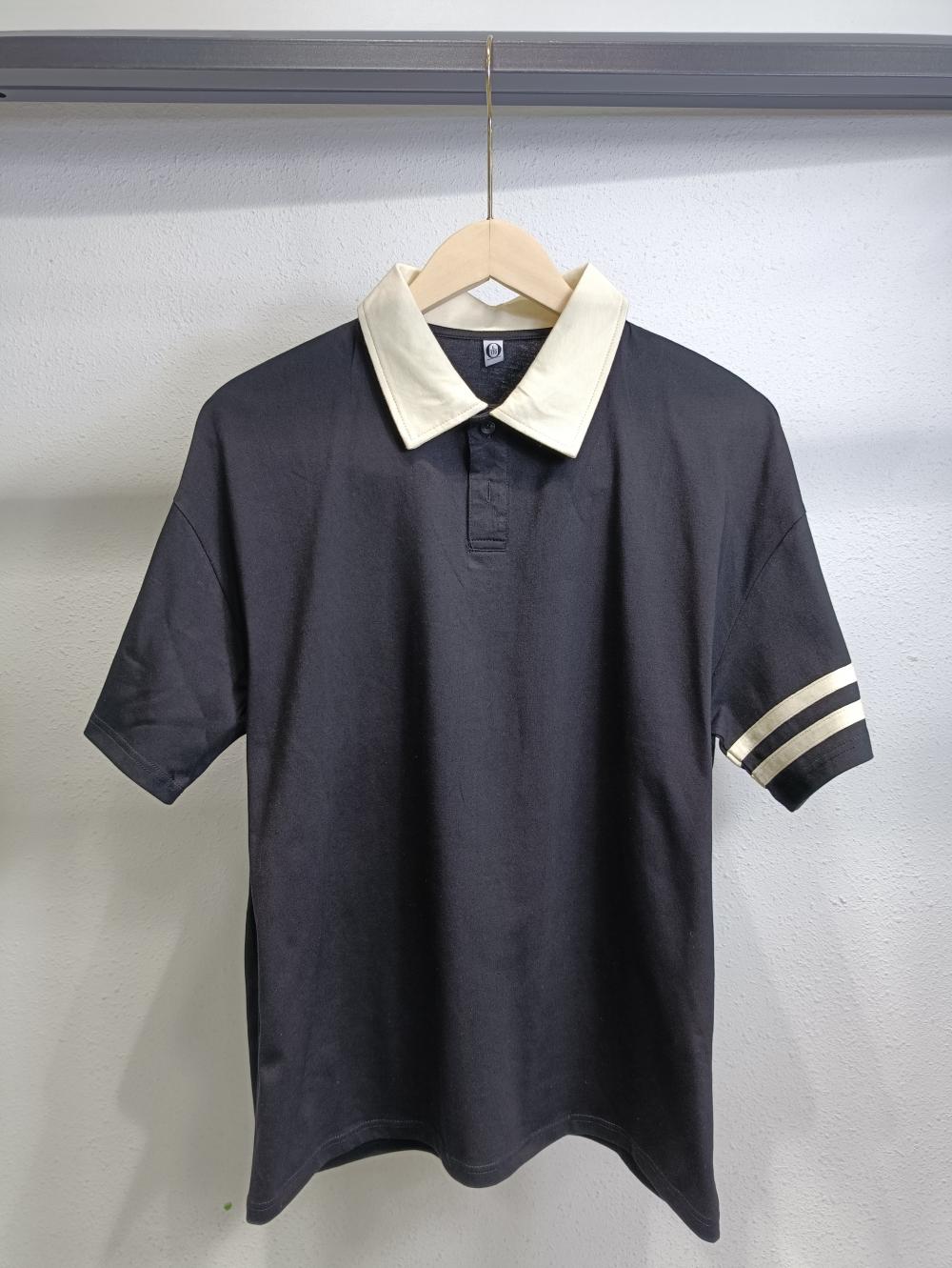 Double Bar Colorblock Drop Shoulder Collar Short Sleeve (200g Cotton) view 3
