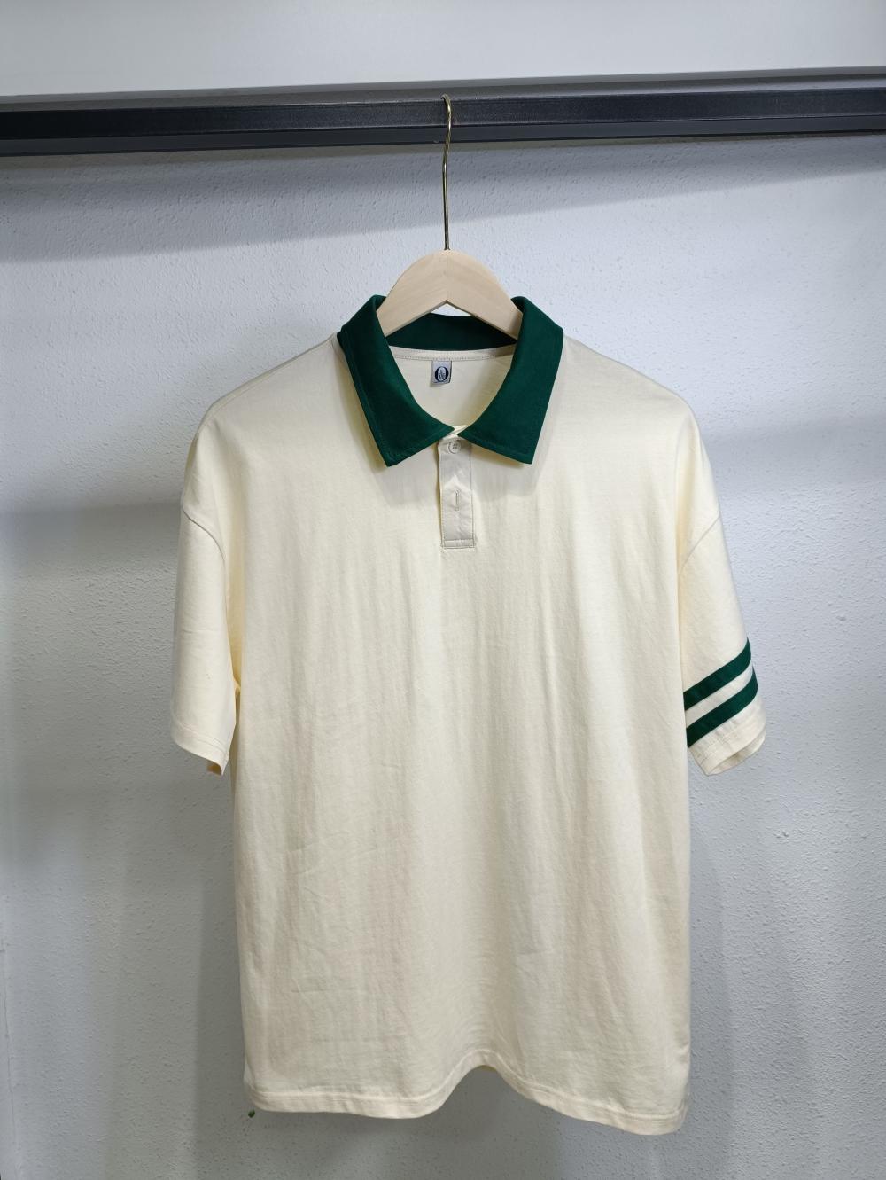Double Bar Colorblock Drop Shoulder Collar Short Sleeve (200g Cotton)