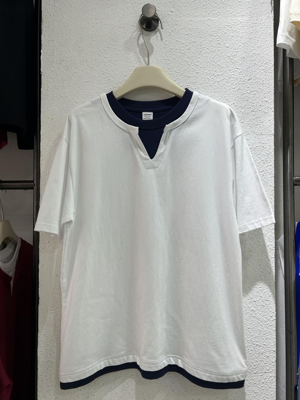 V-Neck Contrast Layered Tee (200g Cotton)